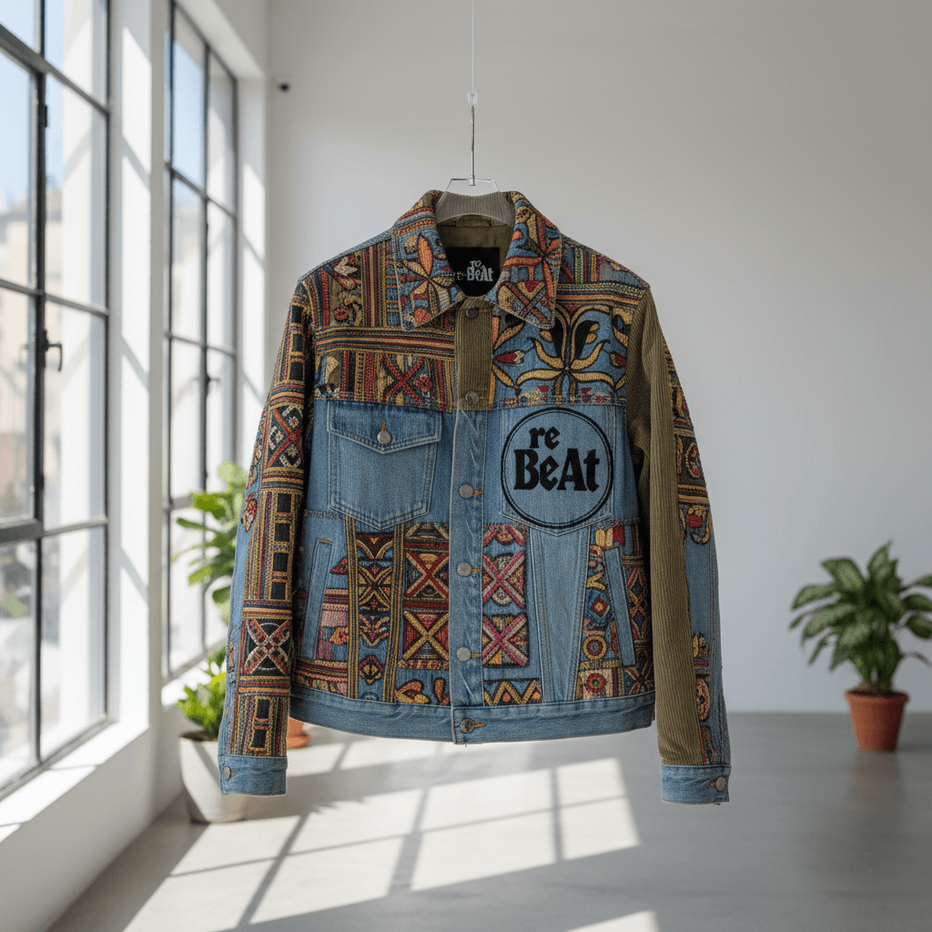 Giacca upcycled in denim e velluto a coste con dettagli cuciti a mano
