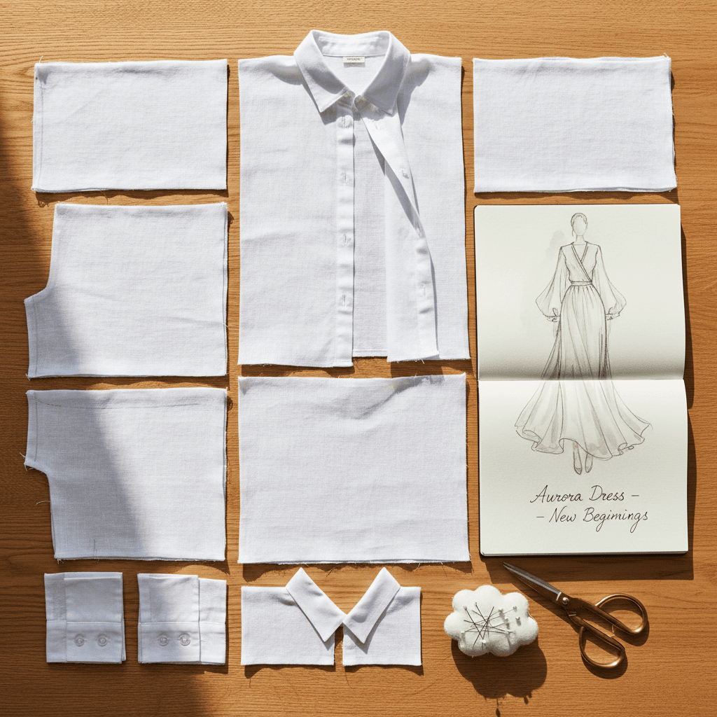 A fresh, bright lifestyle aesthetic high-angle overhead shot of a deconstructed garment spread out on a workshop table.