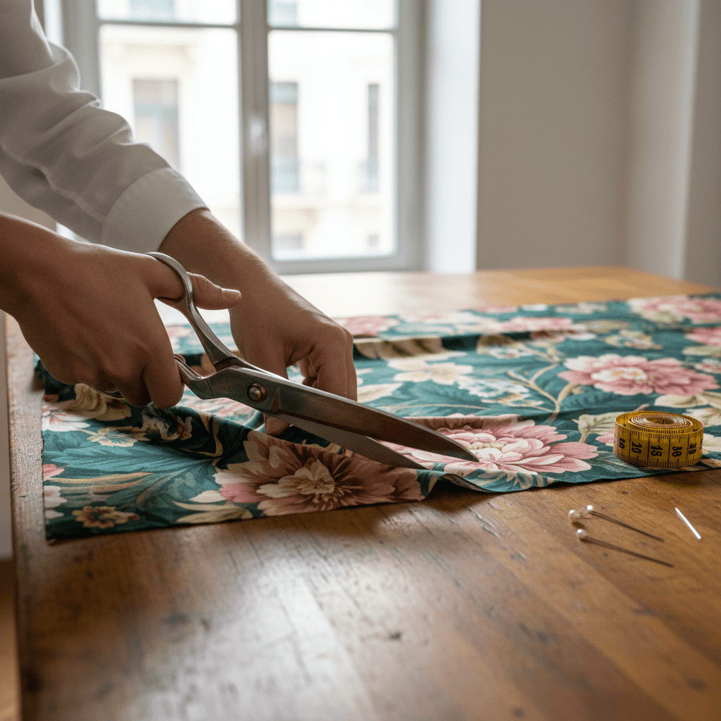 Mani esperte tagliano una seta floreale vintage su tavolo da sartoria