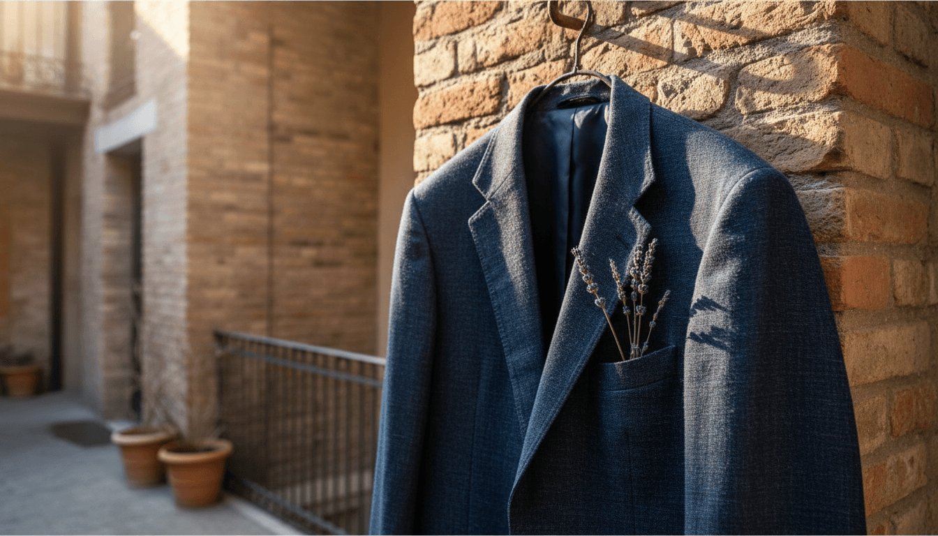 Giacca in denim artigianale appesa in un cortile milanese