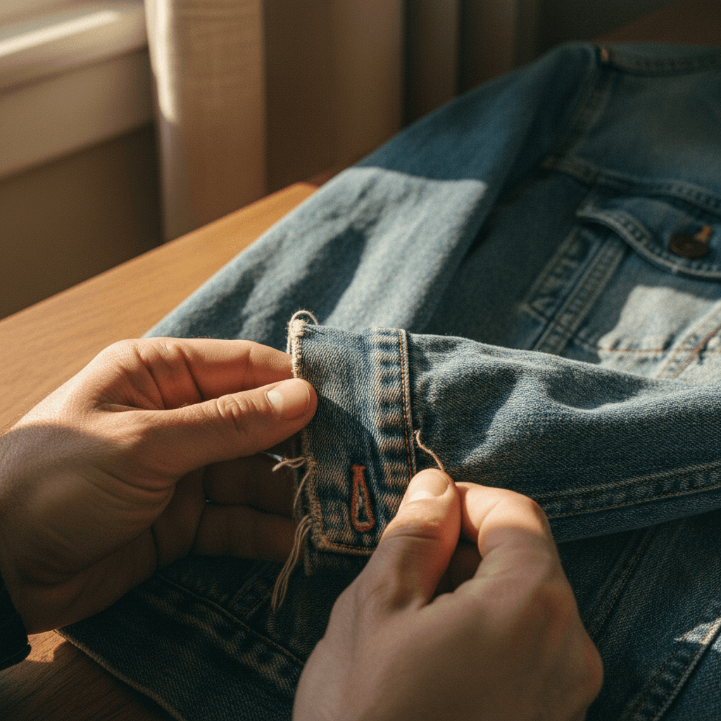 Vista dall'alto di una giacca in denim smontata con bottoni e forbici da sarto
