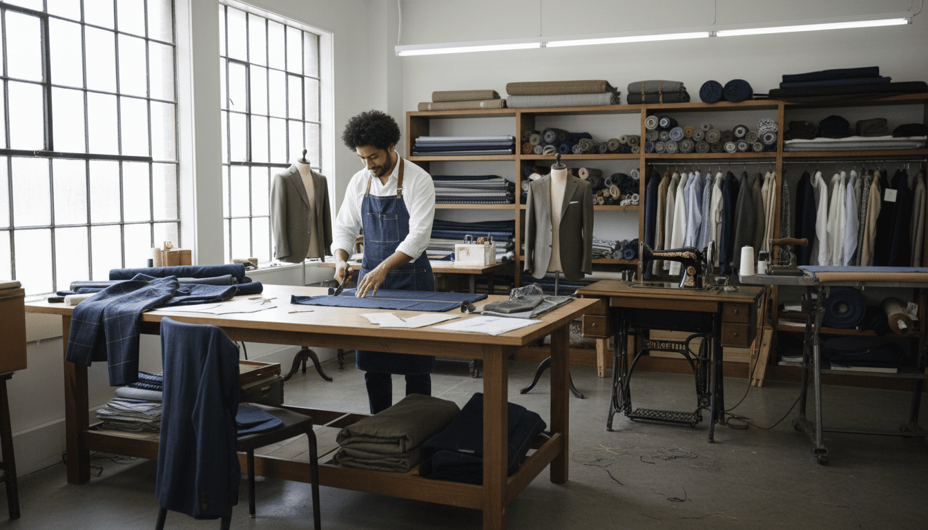 Interno di un atelier milanese con macchina da cucire e fili colorati