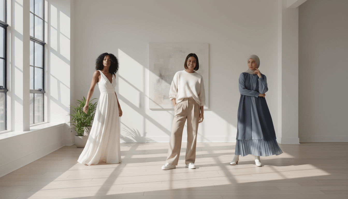 Group of three diverse women wearing coordinated contemporary clothing in bright, minimalist studio with natural window light