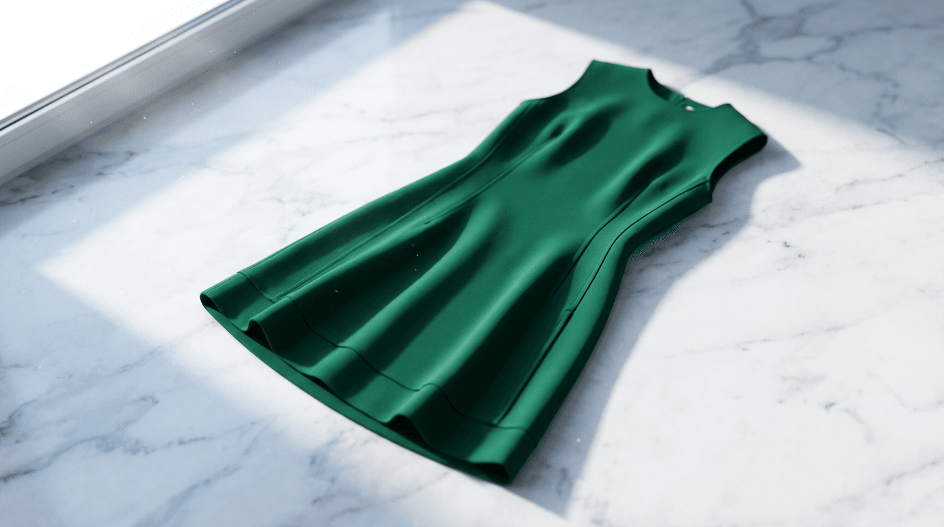 Un abito finito della collezione Ready-to-Wear appeso a una gruccia di legno contro una parete di gesso grezza.