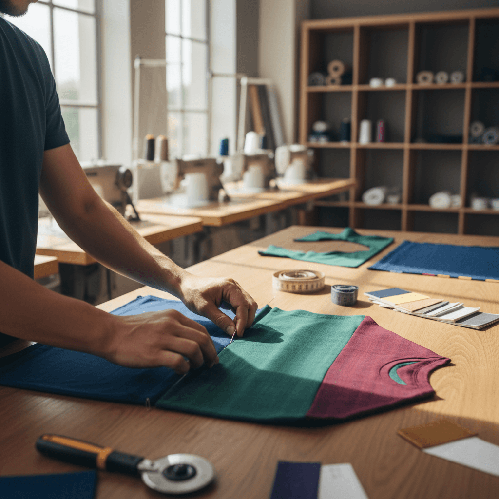 Tailor's hands carefully pinning and sewing premium fabric pieces for custom apparel in well-lit garment workshop