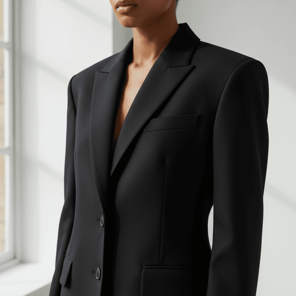 Blazer su misura realizzato con sciarpe vintage appeso a una gruccia di legno su parete in gesso
