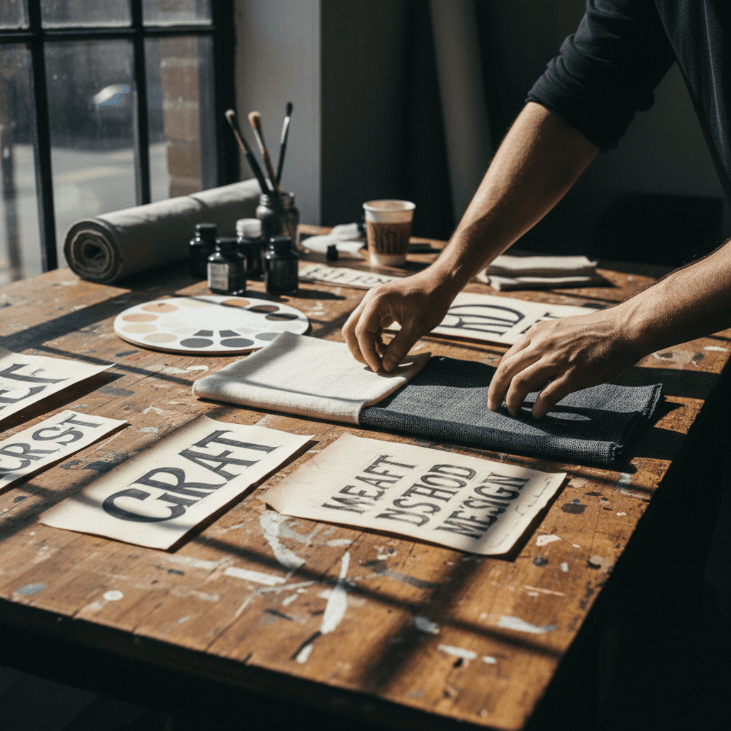Una giacca vintage appoggiata su una superficie pulita accanto a un mood board con campioni di tessuto e schizzi per un servizio Custom.